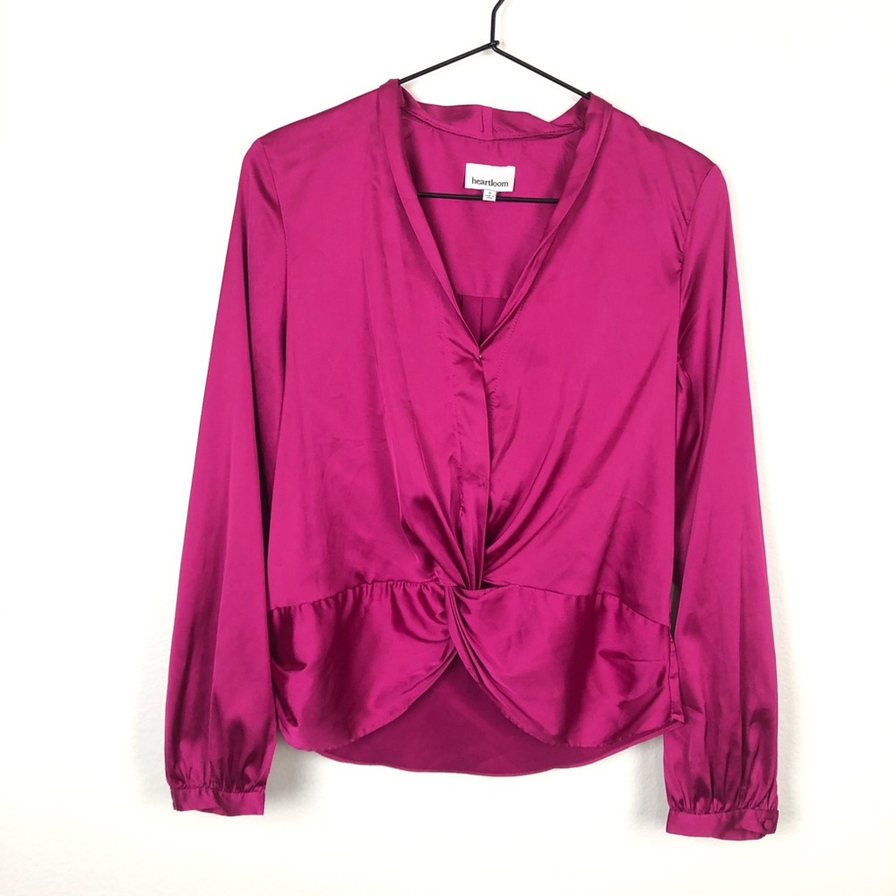 Heartloom Satin Twist Front Long Sleeve Blouse Orchid Pink Top Size Small - Picture 2 of 10